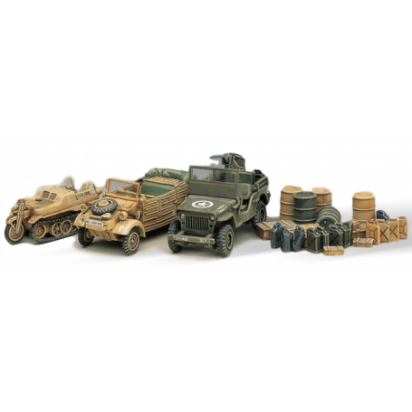 Maqueta WWII vehicle set. Kubelwagen Kettenkrad Willys Jeep diorama base jerry cans crates.