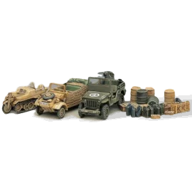 Maqueta WWII vehicle set. Kubelwagen Kettenkrad Willys Jeep diorama base jerry cans crates.