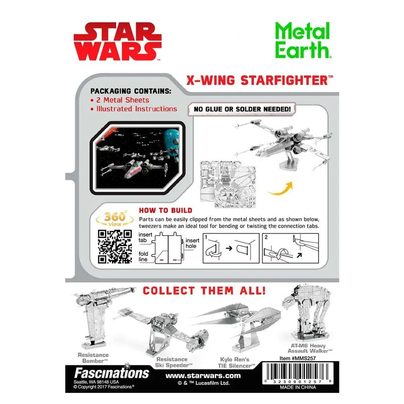 MetalEarth: STAR WARS X-WING STAR FIGHTER 10.10x8.52x5.15cm, modelo 3D de metal con 2 hojas, sobre tarjeta 12x17cm, 14+