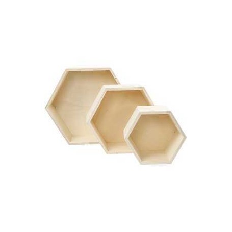 Decoraciones de madera Cajas para almacenaje, hexagonal, A. 14,8+19+24,2 cm, profundidad 10 cm, madera contrachapada, 3ud