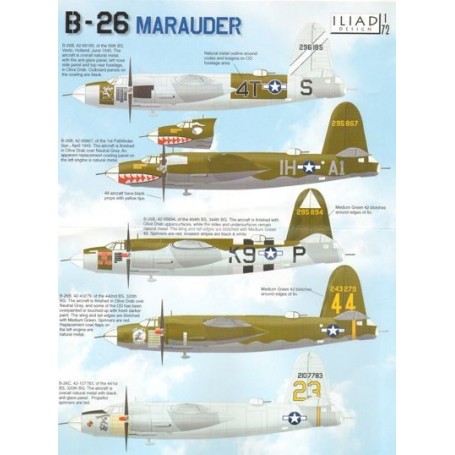  Calcomanía Martin B-26B Marauder (5) 296185 4T-S 56th BS Holland 1945 295867 IH-A1 1st Pathfinder Squadron with shark mouth 295