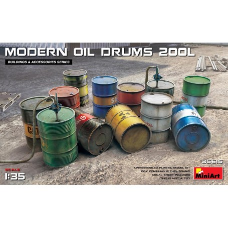  TAMBORES DE COMBUSTIBLE Y ACEITE Modern Box contiene 12 modelos de tambores de combustible y aceite. Hoja de calcomanías inclui
