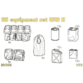 US equipment set WWII Set contains detailed US equipment set WWII jerry cans oil cans sleep bags celt canvas. 62 pcs.