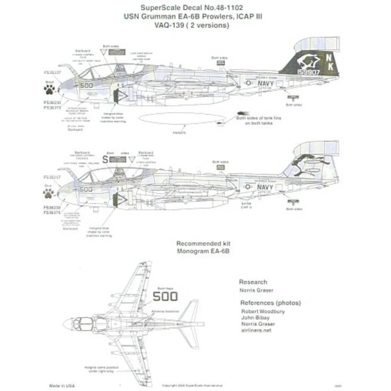 Grumman EA-6B Prowlers (2) 159907 NK/500 VAQ-139 Cougars. 2 versions USS John C. Stennis Black fin or USS Ronald Reagan