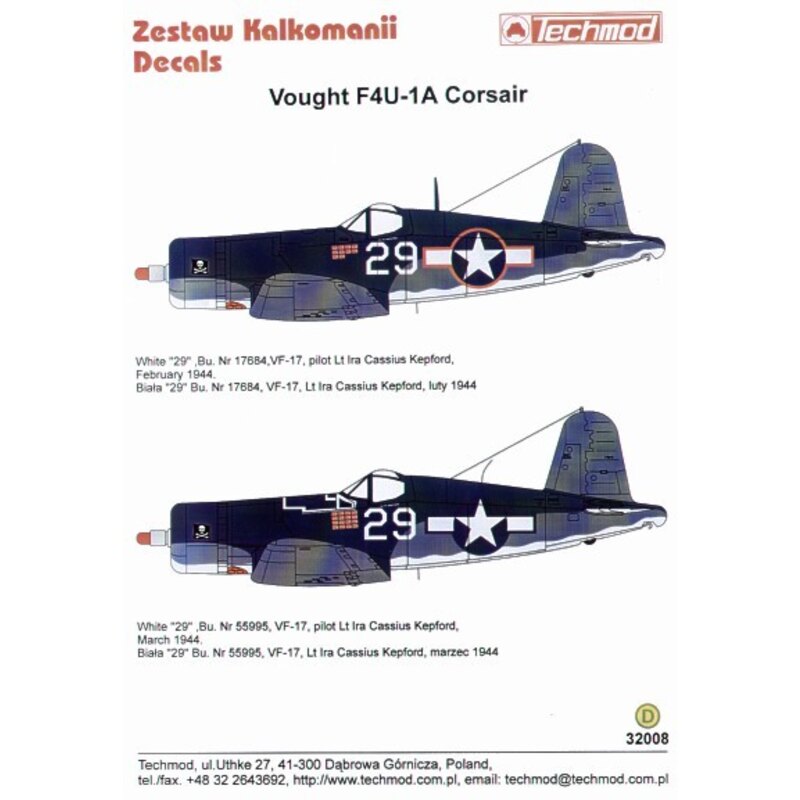  Calcomanía Vought F4U-1A Corsair (2) Both white 29 VF-17 Lt Ira KepFord with 3 tone camouflage. Bu 17684 with red outline natio