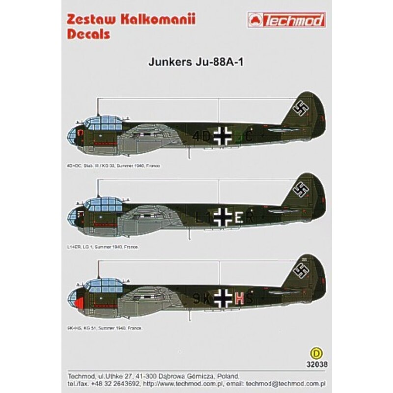 Junkers Ju 88A-1 (3) 9K+HS KG 51 L1+ER LG.1 4D+DC Stab III/KG 30. All France summer 1940. All RLM 70/71/65