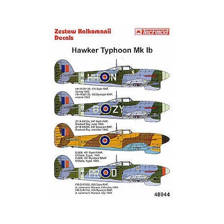  Calcomanía Hawker Typhoon Mk.Ib (4) EK139 HH-N 175 Squadron EK224 ZY-B 247 Squadron Bradwell Bay 1943 R7855 PR-D 609 Squadron M