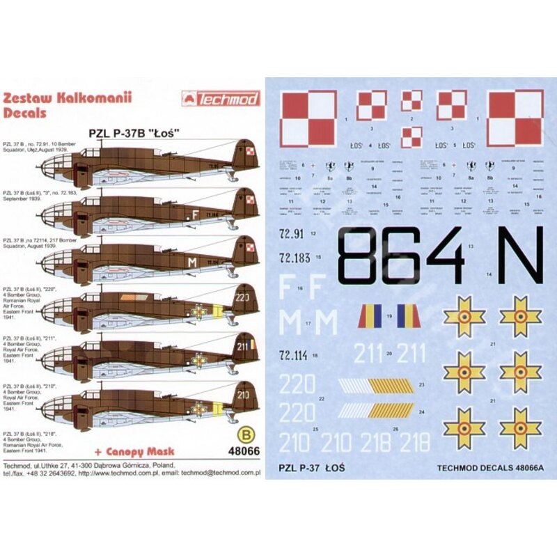 PZL P.37B Los (7) 72-91 10 Bomber Squadron White F 72.183 White M 72.114 217 Bomber Squadron all Polish Air Force 1939. White 21