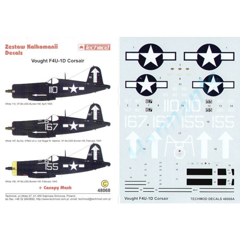  Calcomanía Vought F4U-1D Corsair (3) White 110 White 167 57803 White 155 All VF-84 Bunker Hill 1945