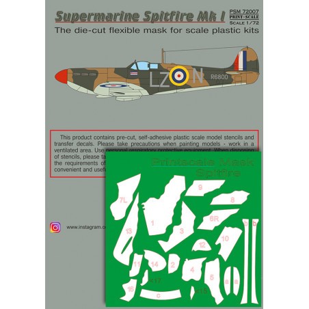  Calcomanía Supermarin Spitfire Mk.I includes camouflage pattern paint mask and decals.Supermarine Spitfire Mk l, R6800, LZ-N of
