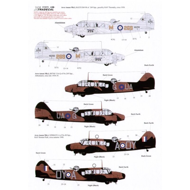 RAF Coastal Command 1938-42 (8) Avro Anson Mk.I (3) K6255 269/M B Flight 269 Squadron RAF Thornaby 1938 K8760 UA-Q 269 Squadron 