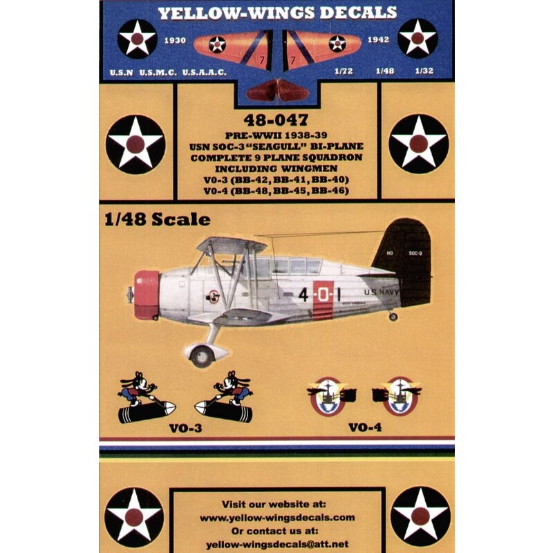 SOC-3 Seagull. 1938/39 Markings for 9 plane Squadrons including Wingmen VO-3 USS Idaho USS Mississipp1 and USS New Mexico and VO