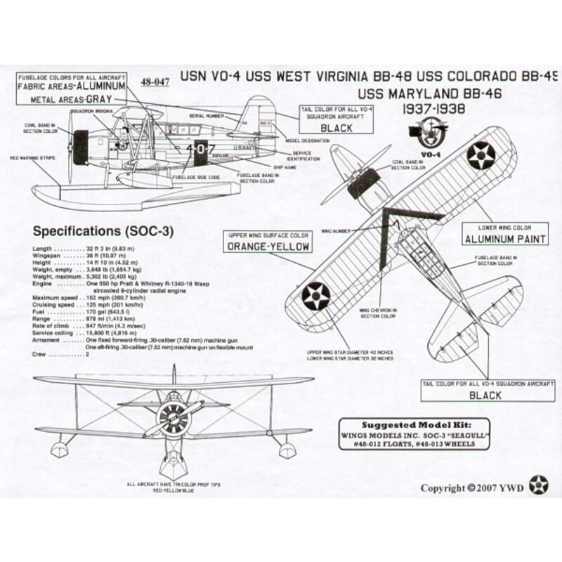 SOC-3 Seagull. 1938/39 Markings for 9 plane Squadrons including Wingmen VO-3 USS Idaho USS Mississipp1 and USS New Mexico and VO
