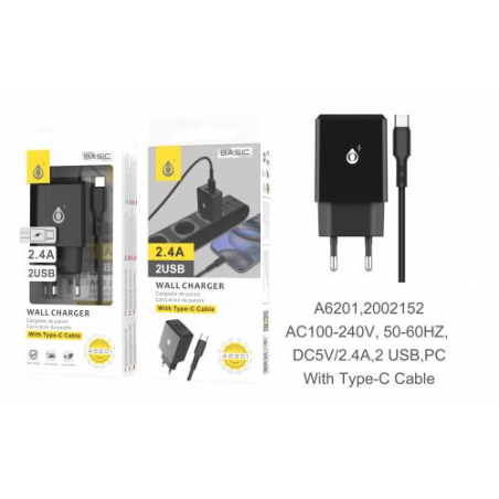 Cargador con cable Tipo C, 2 USB, 2.4A - A6201 - Negro