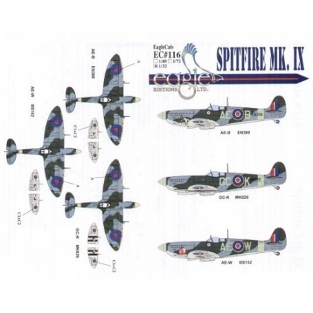 Calcomanías para aviones milit Calcomanía Supermarine Spitfire Mk.IX (3) BS152 AE-W 402 Squadron RCAF S/L L.M.Cameron MK826 GC-K