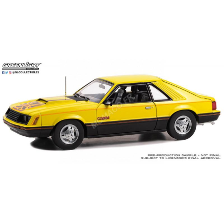Miniatura FORD MUSTANG COBRA COUPE 1979 YELLOW WITH BLACK AND RED COBRA STRIPES AND LOGO