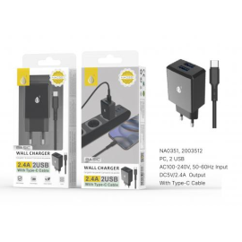 Punta sectorial con cable tipo C, 2 USB, 2,4A - NA0351 - Negro