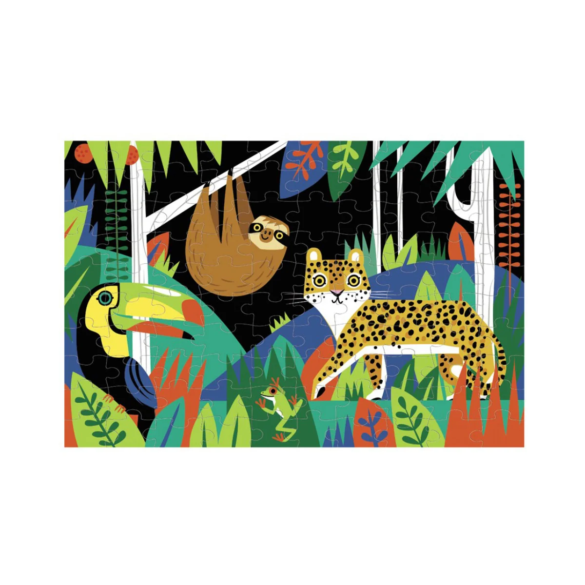  Rompecabezas Mudpuppy: Selva tropical que brilla en la oscuridad 45 x 30 cm, 100 piezas, en una caja 19 x 13 x 9 cm, 5+