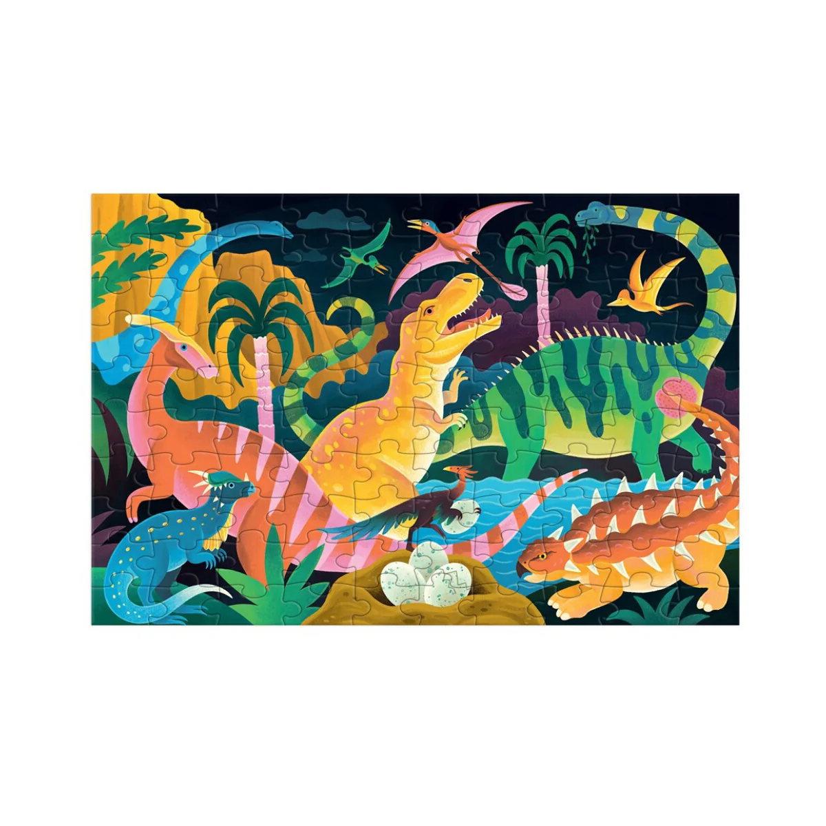  Puzzle Mudpuppy: Dinosaurios que brillan en la oscuridad 45 x 30 cm, 100 piezas, en una caja 19 x 13 x 9 cm, 5+