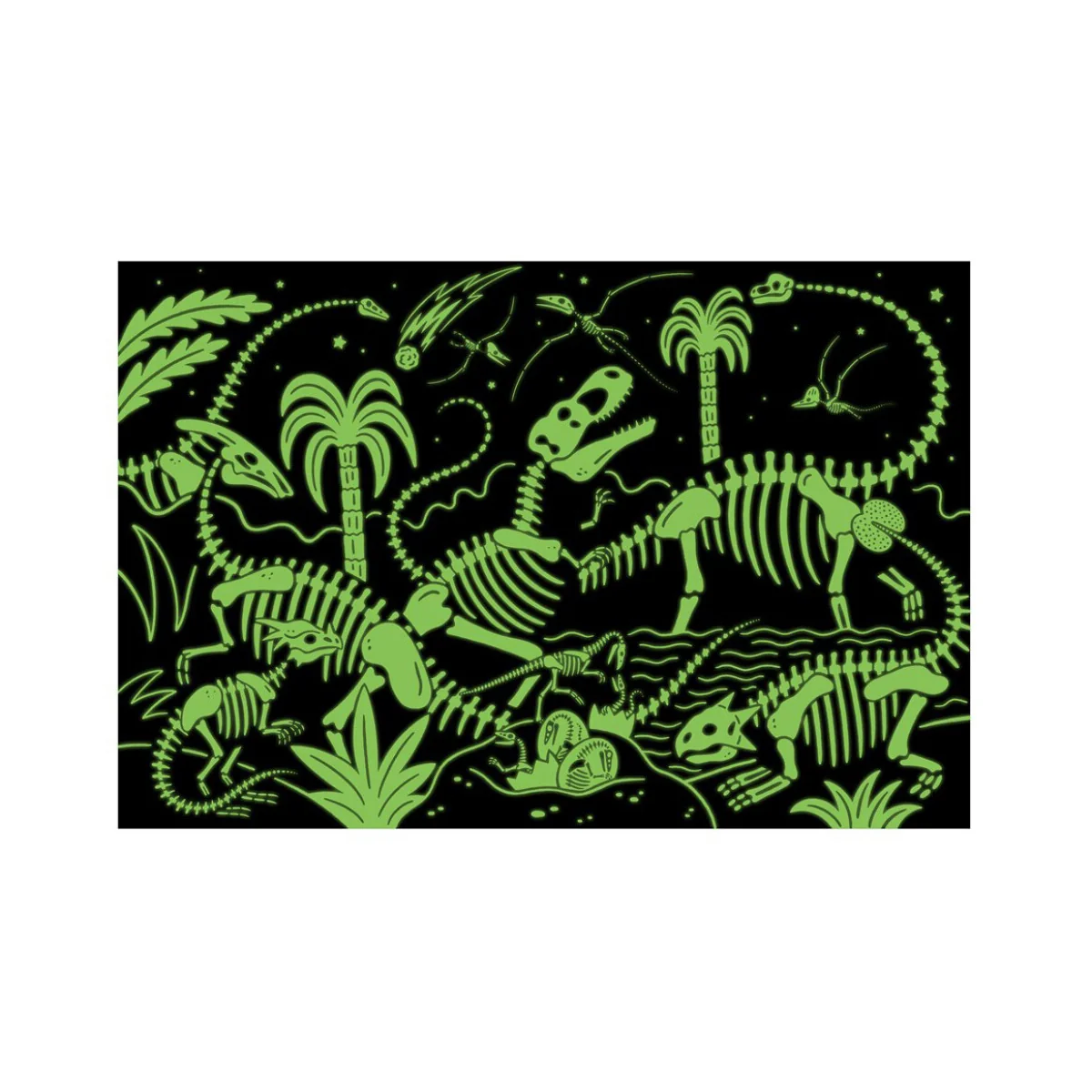 Puzzle infantil Puzzle Mudpuppy: Dinosaurios que brillan en la oscuridad 45 x 30 cm, 100 piezas, en una caja 19 x 13 x 9 cm, 5+