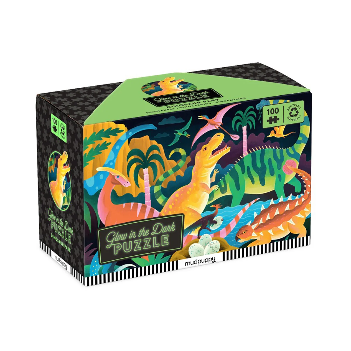 MUDPUPPY Puzzle Mudpuppy: Dinosaurios que brillan en la oscuridad 45 x 30 cm, 100 piezas, en una caja 19 x 13 x 9 cm, 5+