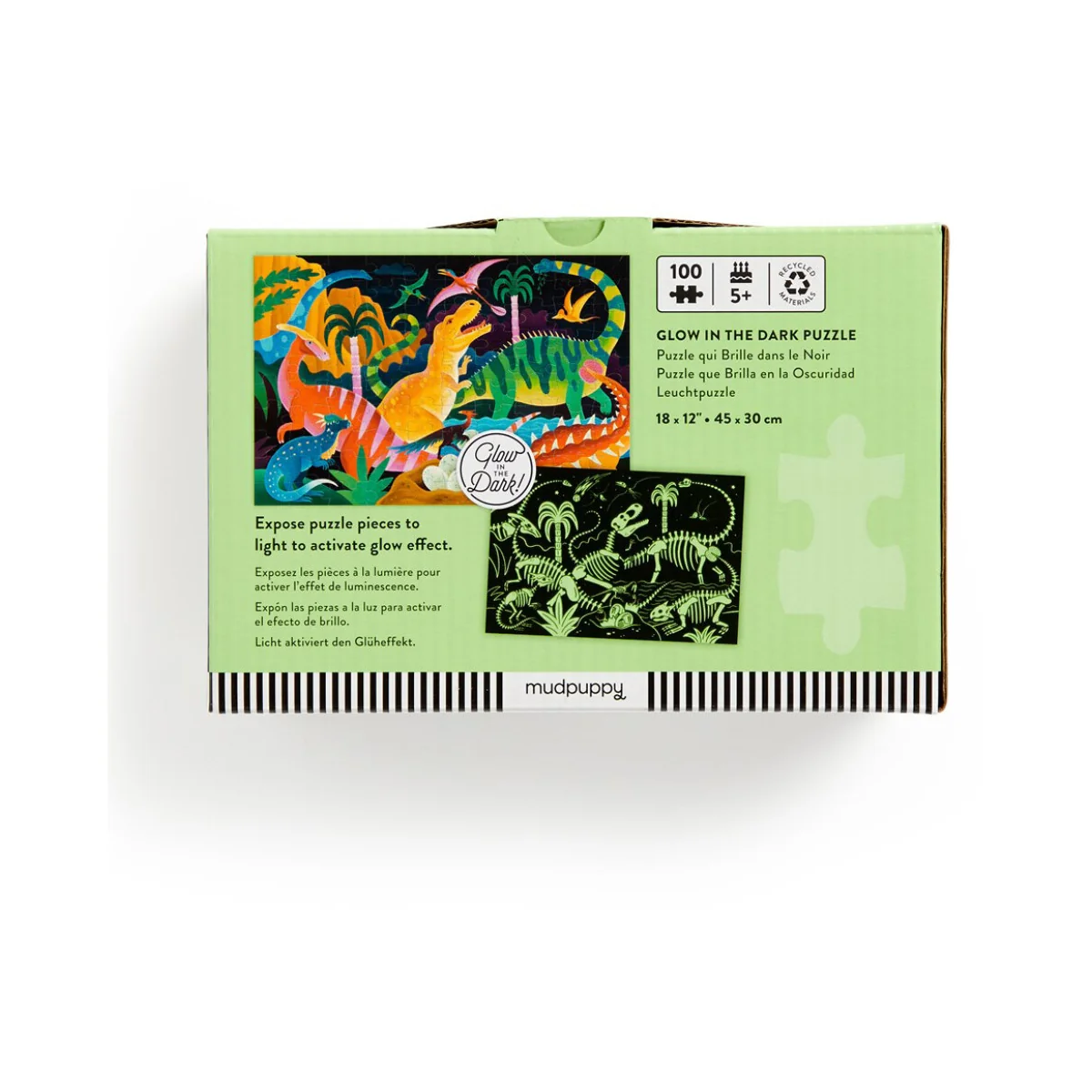 Puzzle Mudpuppy: Dinosaurios que brillan en la oscuridad 45 x 30 cm, 100 piezas, en una caja 19 x 13 x 9 cm, 5+