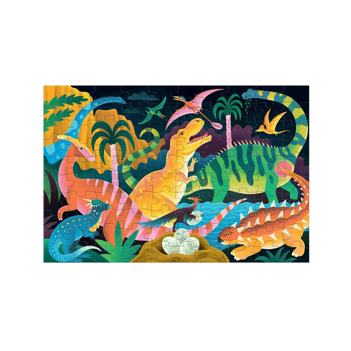 Puzzle Mudpuppy: Dinosaurios que brillan en la oscuridad 45 x 30 cm, 100 piezas, en una caja 19 x 13 x 9 cm, 5+