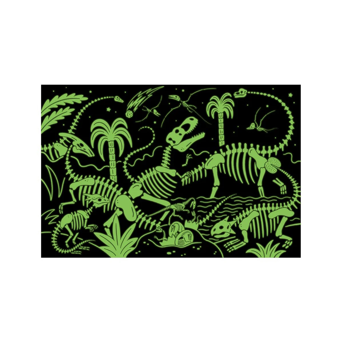 Puzzle Mudpuppy: Dinosaurios que brillan en la oscuridad 45 x 30 cm, 100 piezas, en una caja 19 x 13 x 9 cm, 5+
