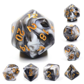  Set of 7 dice in a box – Black and white fusion