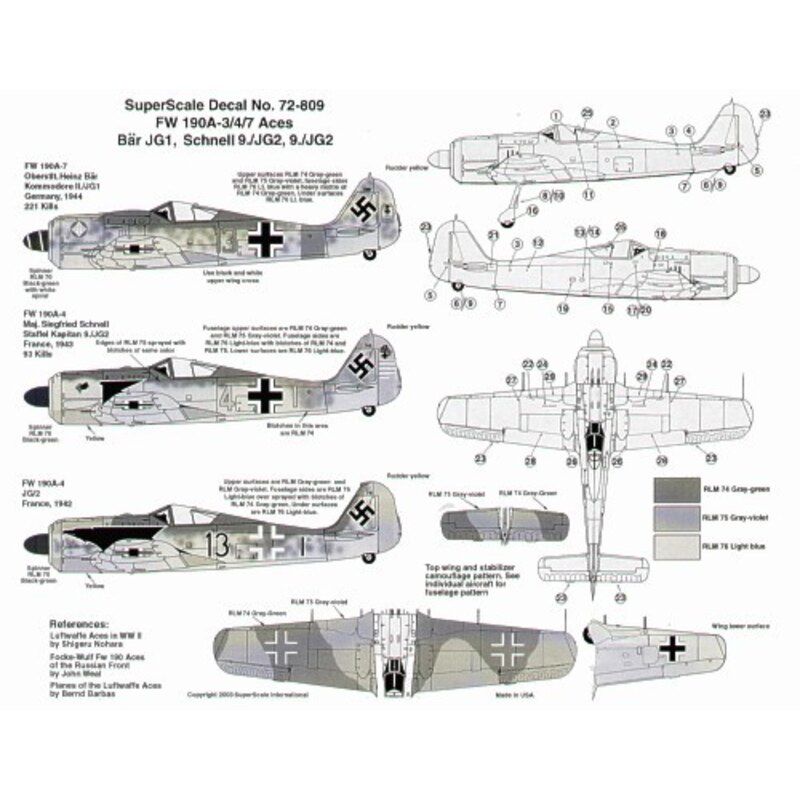  Calcomanía Focke-Wulf Fw 190A-4/Fw 190A-7 (3) A-4 Yellow 4+1 9/JG2 Siegfried Schnell; Black 13 JG2; A-7 Red 13 II/JG1 Heinz Bar