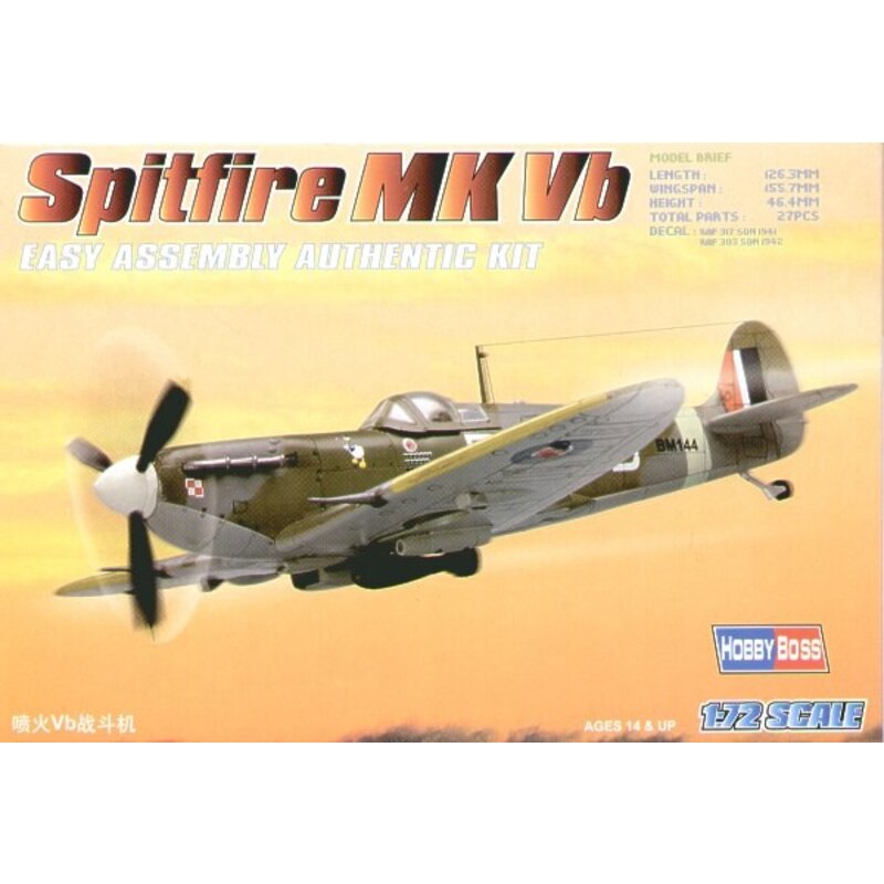 Hobby Boss Supermarine Spitfire Mk.Vb Easy Build with 1 piece wings and lower fuselage 1 piece fuselage. Other parts as normal. 