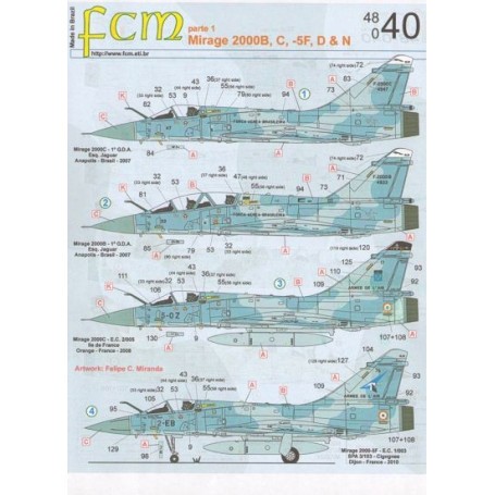  Calcomanía Dassault Mirage 2000B, C, 5F, D, N (9) C 4647 and D; 4933 FAB Brasil AF 2007; 5-OZ EC 2/005; 5F 2-EB EC 1/003 Cigogn