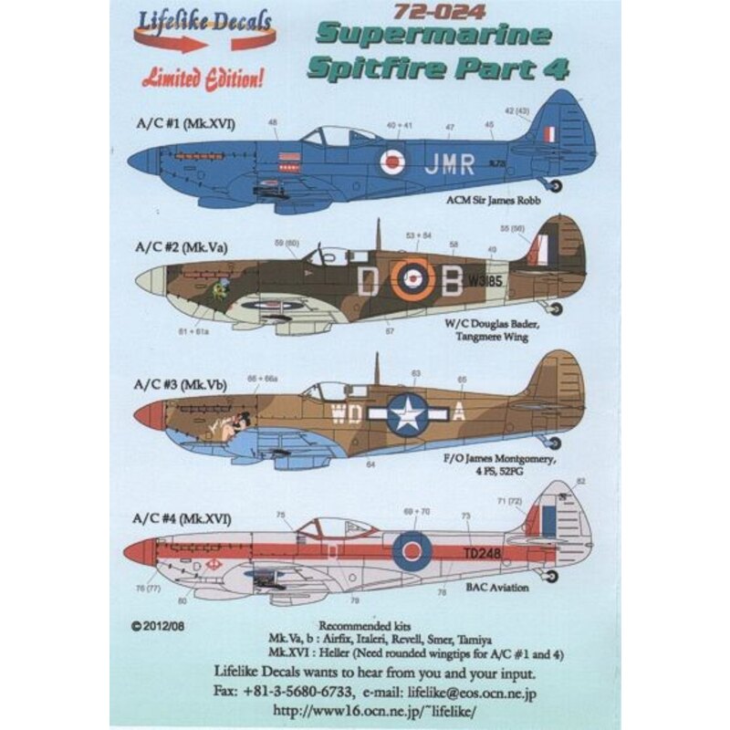 Supermarine Spitfire Pt 4 (4) Mk.Va W3185 D-B W/C Douglas Bader Tangmeer Wing; Mk.Vb WD-A USAAC 4FS 52FG F/O James Montgomery; M Supermarine Spitfire Pt 4 (4) Mk.Va W3185 D-B W/C Douglas Bader Tangmeer Wing; Mk.Vb WD-A USAAC 4FS 52FG F/O James Montgomery; M