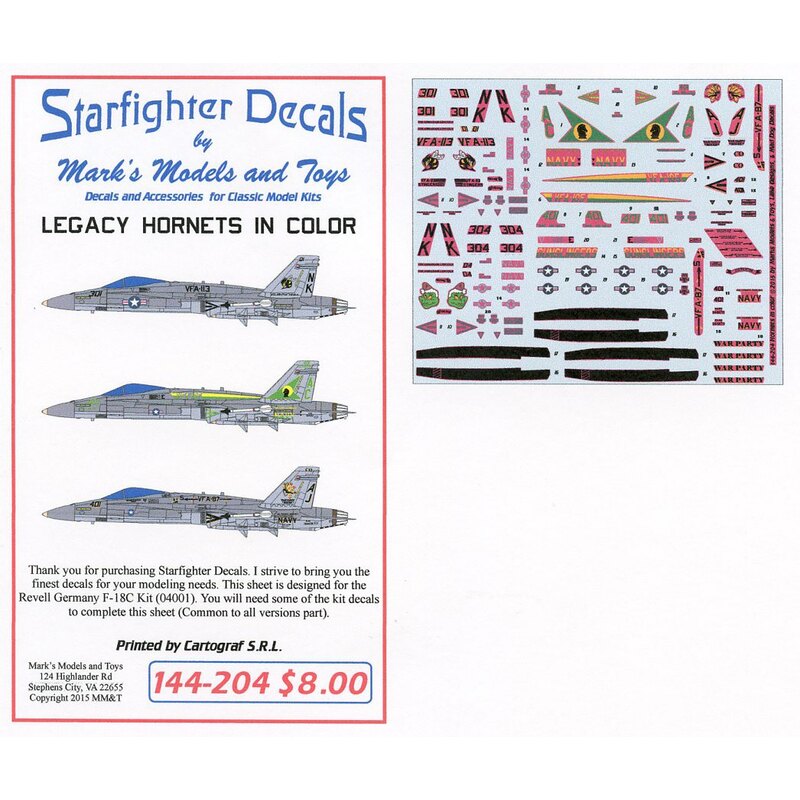 Avispones de legado. Para el kit de Revell RV4001 McDonnell Douglas F-avispón / A-18C. Marcas para 4 aeronaves. Las marcas inclu